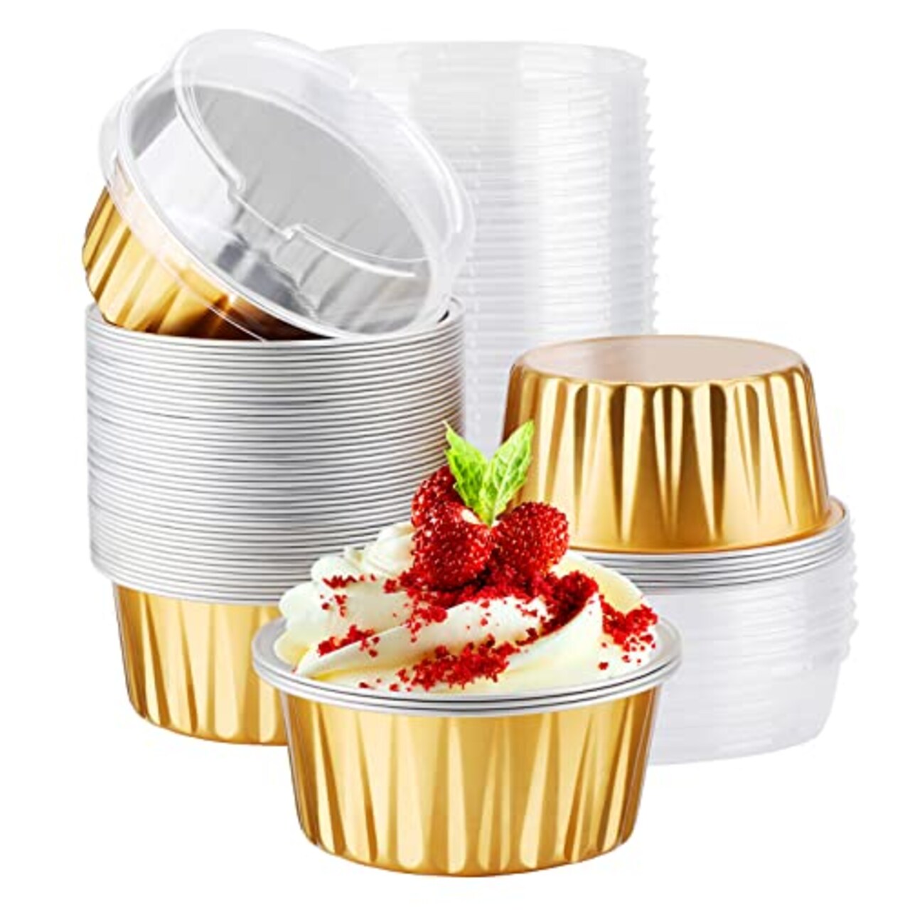 50 Pck Disposable Ramekins, Gold 50pcs 5oz Mini Aluminium Foil Baking Cups with Lids Creme Brulee Cupcake Liners, Desert Cheesecake Pans Flan Molds Tin Cups Containers for Party Favor Birthday